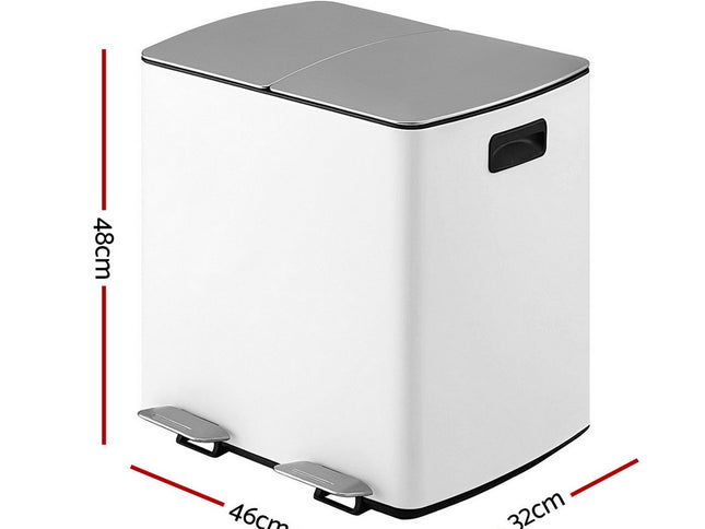 Cefito Pedal Bins Rubbish Bin Dual Compartment Waste Recycle Dustbins 40L White