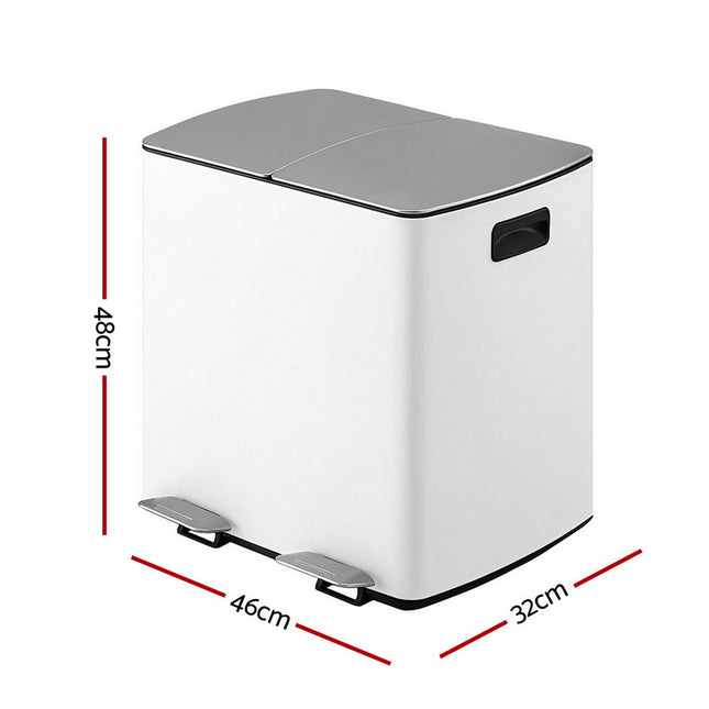 Cefito Pedal Bins Rubbish Bin Dual Compartment Waste Recycle Dustbins 40L White