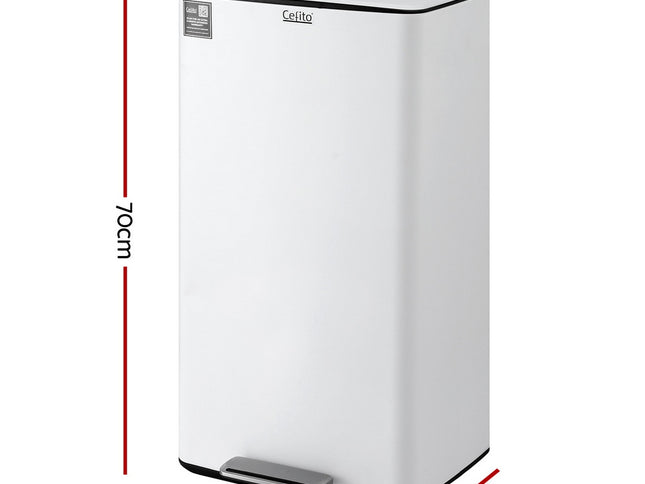 Cefito Pedal Bins Rubbish Bin Waste Recycle Dustbins Kitchen Trash Can 40L White