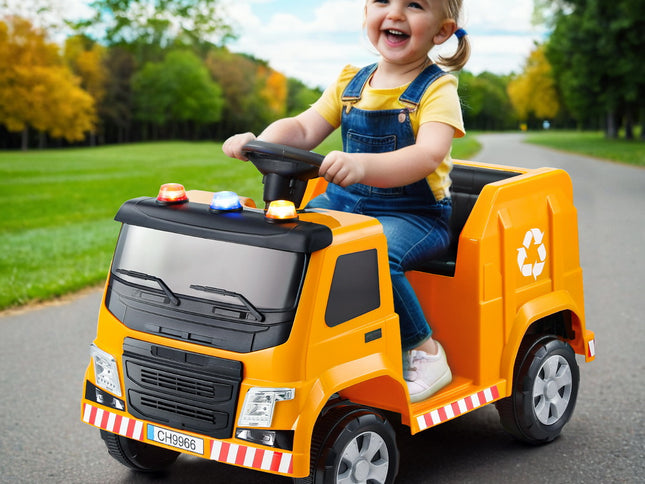 Rigo Kids Ride On Car Garbage Truck Police Light 12V Electric Toys Cars Yellow