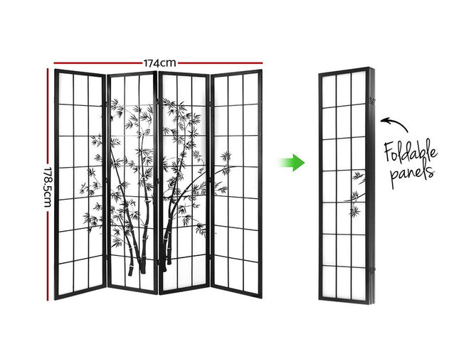 Artiss 4 Panel Room Divider Screen 174x179cm Bamboo Black White