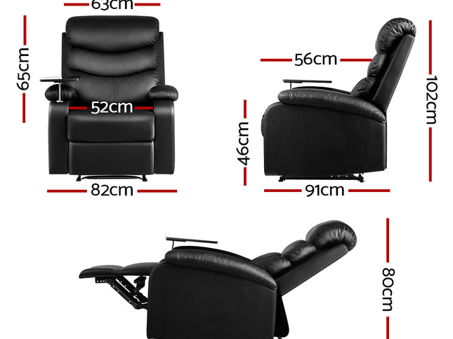 Artiss Recliner Chair Leather Black Tray Table Erika