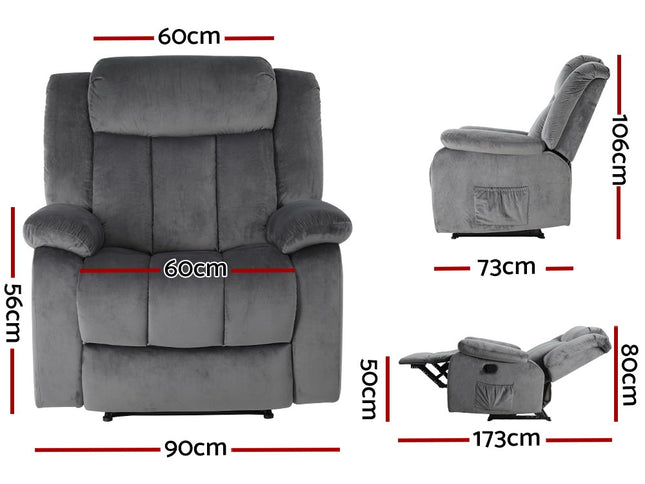 Artiss Recliner Chair Electric Massage Chair Velvet Lounge Sofa Heated Grey