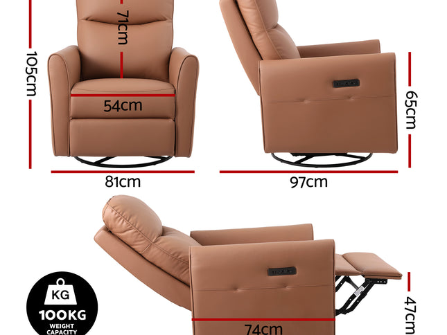 Artiss Swivel Recliner Chair Leather Rocking Reclining Sofa with Charging Ports LED Brown