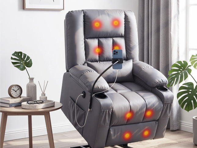 Artiss Power Lift Recliner Chair with Massage and Heat for Elderly, Electric Sofa Reclining Chair with USB and Phone Holder, PU Leather Comfy Armchair for Living Room, 2 Cup Holder & 4 Pockets, Grey