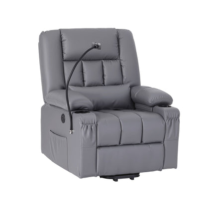 Artiss Power Lift Recliner Chair with Massage and Heat for Elderly, Electric Sofa Reclining Chair with USB and Phone Holder, PU Leather Comfy Armchair for Living Room, 2 Cup Holder & 4 Pockets, Grey