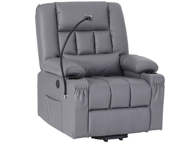 Artiss Power Lift Recliner Chair with Massage and Heat for Elderly, Electric Sofa Reclining Chair with USB and Phone Holder, PU Leather Comfy Armchair for Living Room, 2 Cup Holder & 4 Pockets, Grey