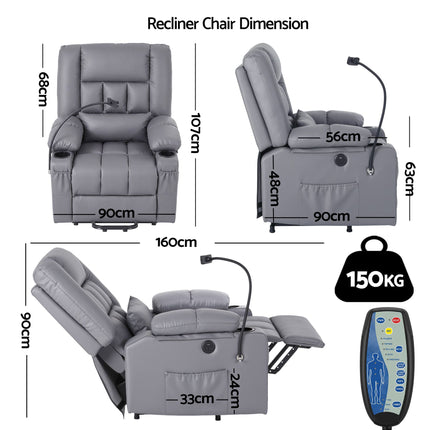 Artiss Power Lift Recliner Chair with Massage and Heat for Elderly, Electric Sofa Reclining Chair with USB and Phone Holder, PU Leather Comfy Armchair for Living Room, 2 Cup Holder & 4 Pockets, Grey