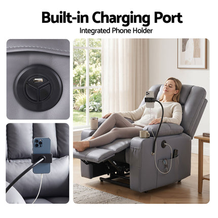 Artiss Power Lift Recliner Chair with Massage and Heat for Elderly, Electric Sofa Reclining Chair with USB and Phone Holder, PU Leather Comfy Armchair for Living Room, 2 Cup Holder & 4 Pockets, Grey