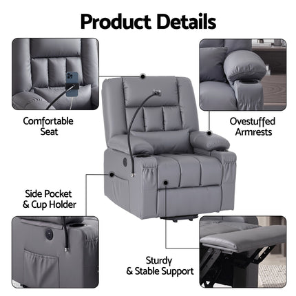 Artiss Power Lift Recliner Chair with Massage and Heat for Elderly, Electric Sofa Reclining Chair with USB and Phone Holder, PU Leather Comfy Armchair for Living Room, 2 Cup Holder & 4 Pockets, Grey