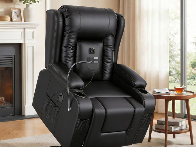 Artiss Power Lift Recliner Chair with Massage and Heat for Elderly, Electric Sofa Reclining Chair with USB and Phone Holder, PU Leather Comfy Armchair for Living Room, 2 Cup Holder & 4 Pockets, Black