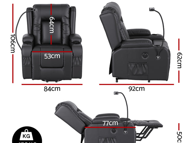 Artiss Power Lift Recliner Chair with Massage and Heat for Elderly, Electric Sofa Reclining Chair with USB and Phone Holder, PU Leather Comfy Armchair for Living Room, 2 Cup Holder & 4 Pockets, Black