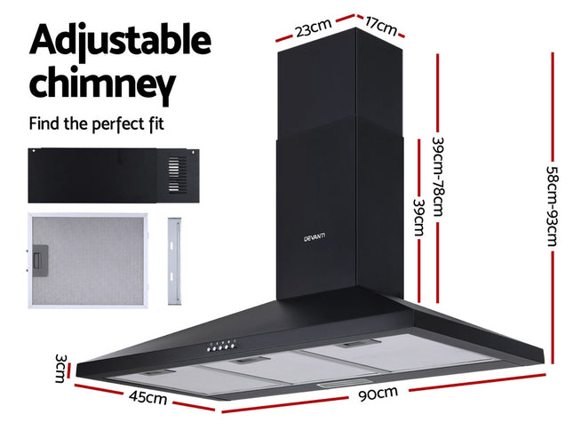 Devanti 900mm Range Hood 90cm Rangehood Black