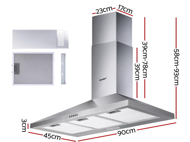 Devanti 900mm Range Hood 90cm Rangehood Stainless Steel