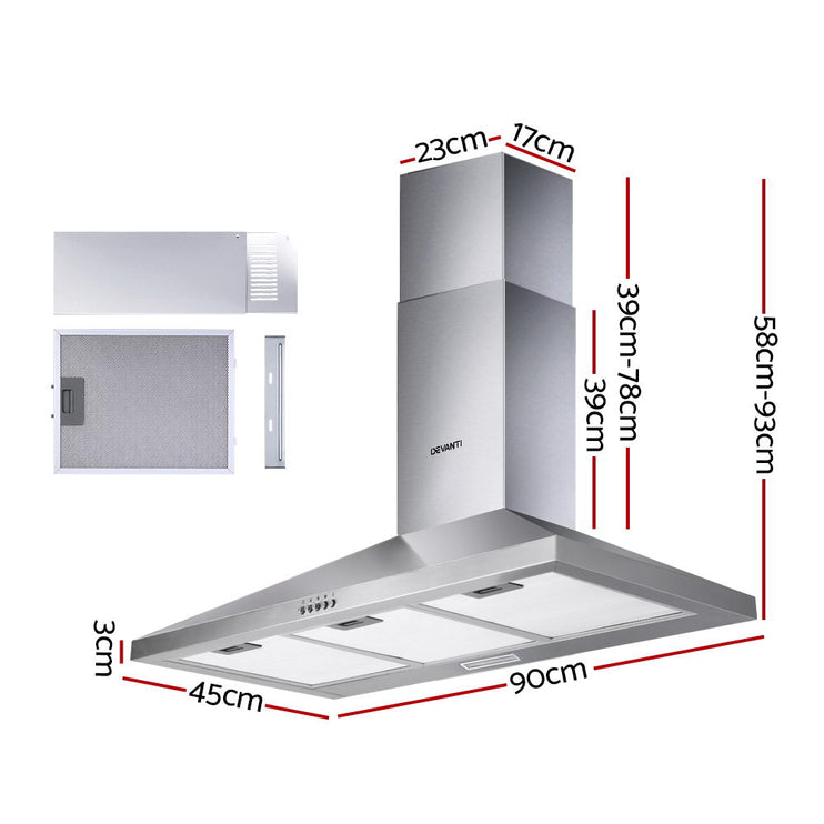 Devanti 900mm Range Hood 90cm Rangehood Stainless Steel