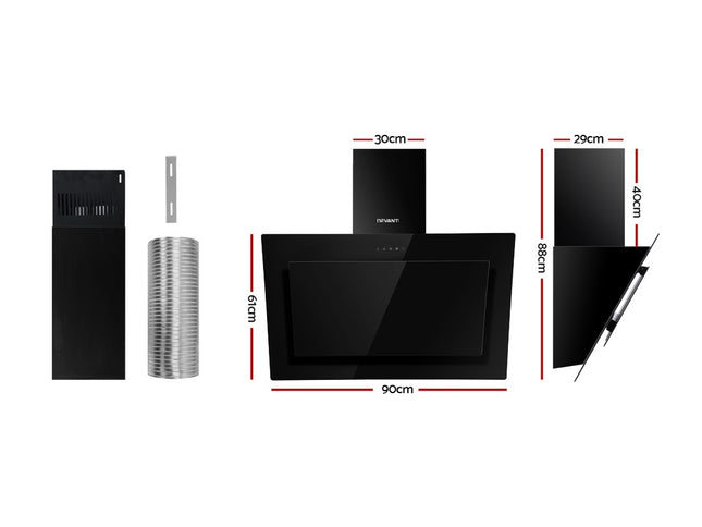 Devanti 900mm Range Hood 90cm Rangehood Glass Black