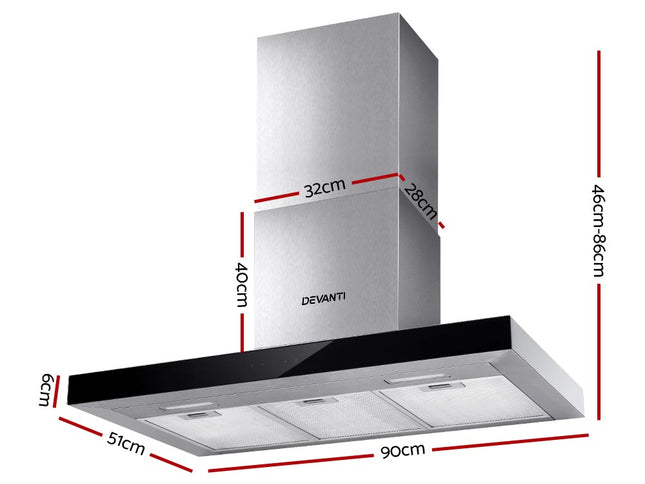 Devanti 900mm Range Hood 90cm Rangehood Glass Stainless Steel
