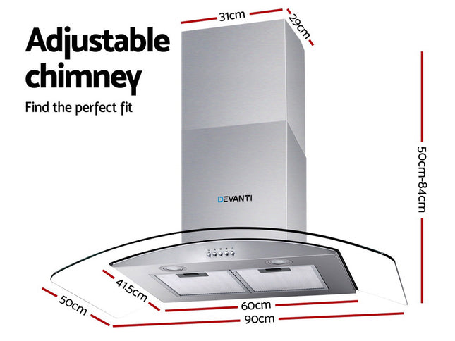 Devanti 900mm Range Hood 90cm Rangehood Glass Canopy
