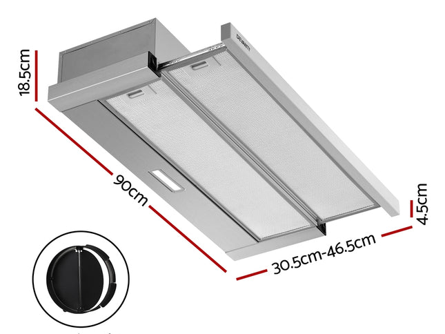 Devanti 900mm Range Hood 90cm Slide out Rangehood Stainless Steel