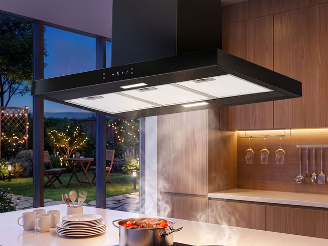 Devanti 90cm Island Rangehood Ceiling-Mounted 3-Speed Touch Control LED Black