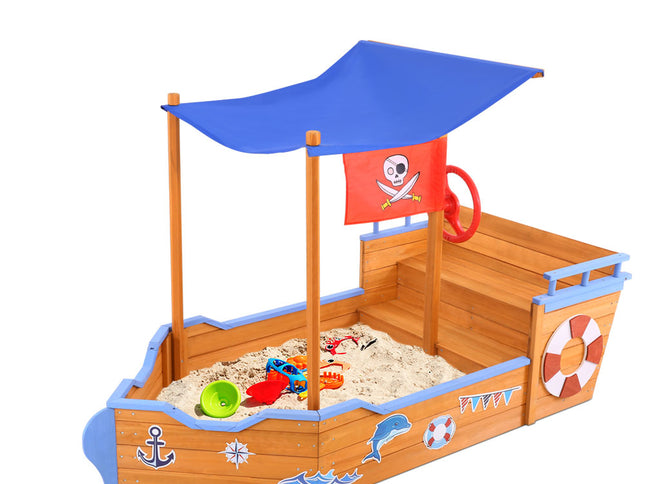 Keezi Kids Sandpit Wooden Boat Sand Pit with Canopy Bench Seat Beach Toys 165cm