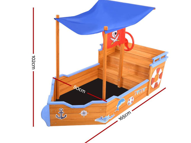 Keezi Kids Sandpit Wooden Boat Sand Pit with Canopy Bench Seat Beach Toys 165cm