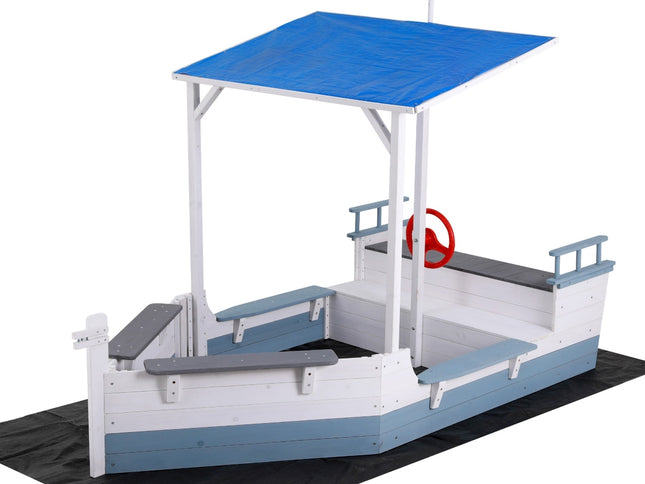Keezi Kids Sandpit Wooden Box Boat Canopy Flag Outdoor Toys Children Blue