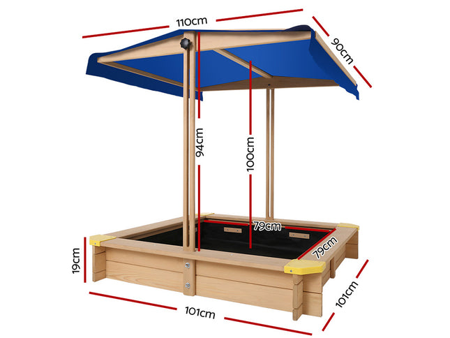 Keezi Kids Sandpit Wooden Sandbox Sand Pit with Canopy Bench Seat Toys 101cm