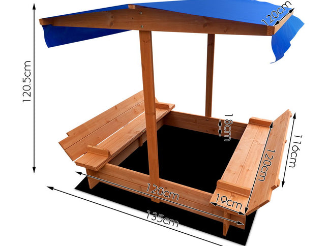 Keezi Kids Sandpit Wooden Sandbox Sand Pit with Canopy Foldable Seat Toys 120cm