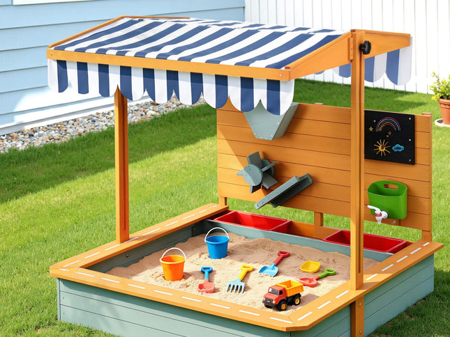 Keezi Kids Sandpit Wooden Canopy Sandbox With Cover Funnel Outdoor Toys 110cm Green
