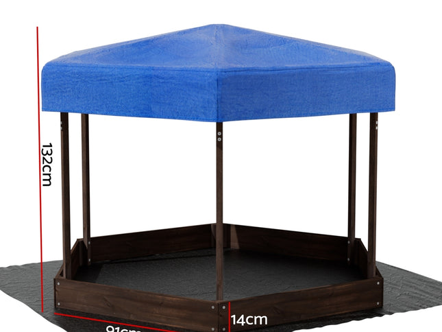 Keezi Kids Sandpit Wooden Hexagon Sand Pit with Canopy Outdoor Beach Toys 182cm
