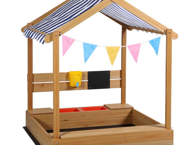 Keezi Kids Sandpit Wooden Sandbox Sand Pit with Canopy 146cm