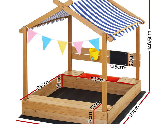 Keezi Kids Sandpit Wooden Sandbox Sand Pit with Canopy 146cm