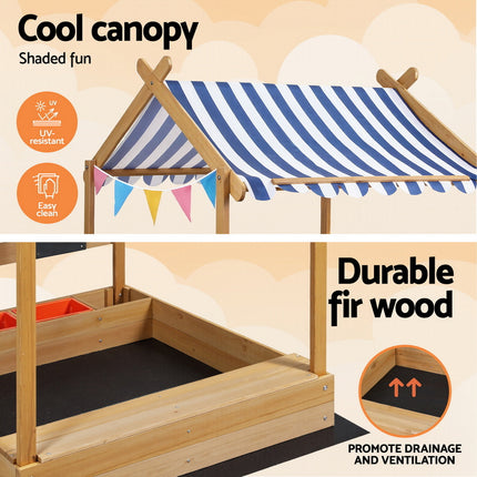 Keezi Kids Sandpit Wooden Sandbox Sand Pit with Canopy 146cm
