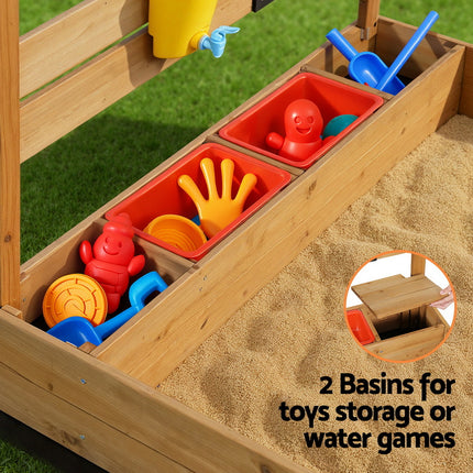 Keezi Kids Sandpit Wooden Sandbox Sand Pit with Canopy 146cm