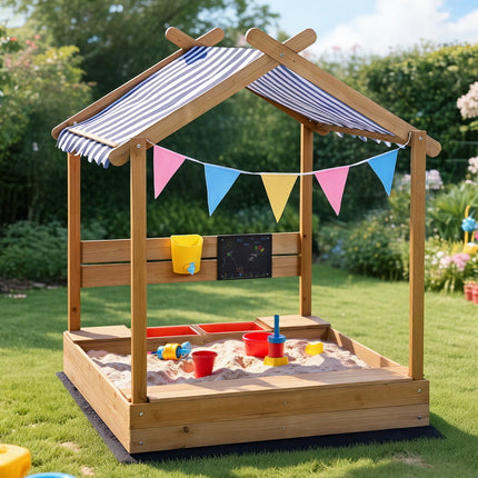 Keezi Kids Sandpit Wooden Sandbox Sand Pit with Canopy 146cm