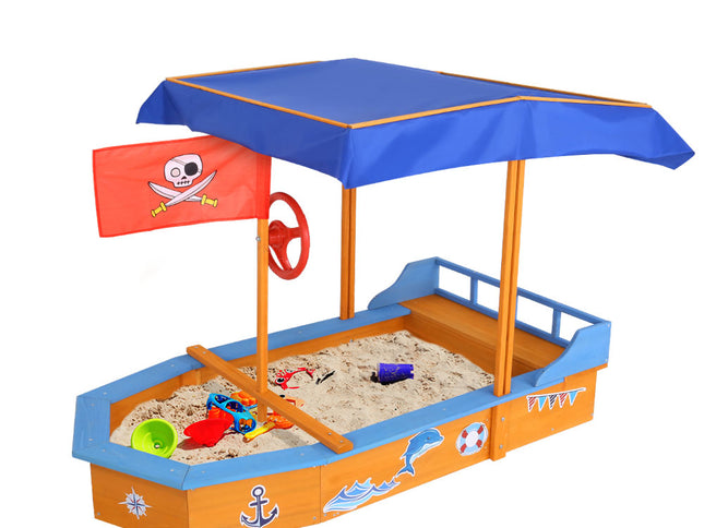 Keezi Kids Sandpit Wooden Boat Sand Pit with Canopy Bench Seat Beach Toys 150cm