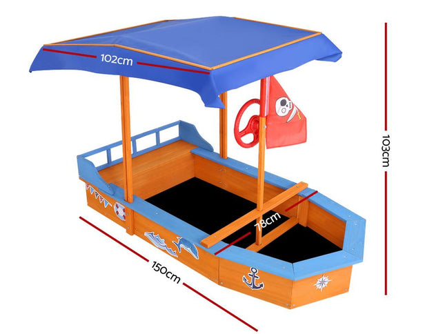Keezi Kids Sandpit Wooden Boat Sand Pit with Canopy Bench Seat Beach Toys 150cm