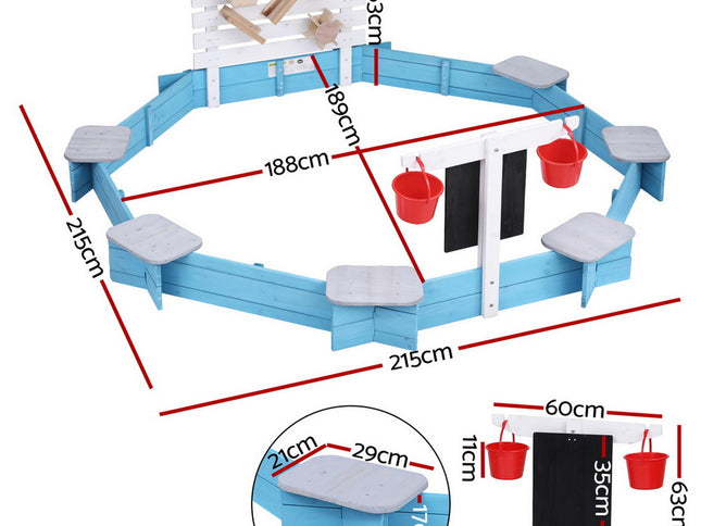 Keezi Kids Sandpit Wooden Round Sand Pit with Cover Funnel Bench Seat Beach Toys 215cm