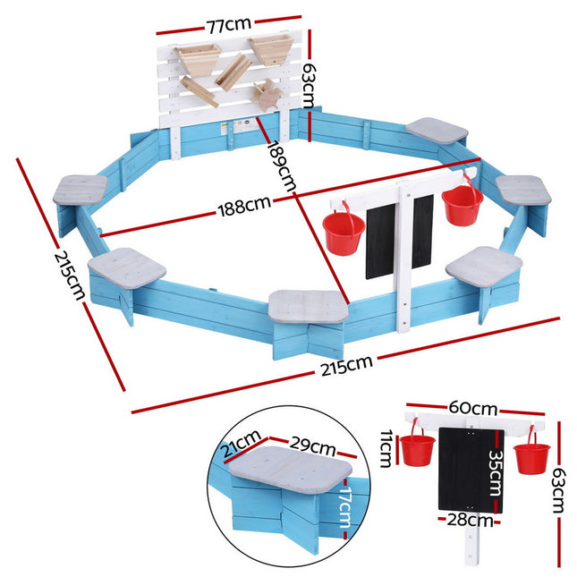 Keezi Kids Sandpit Wooden Round Sand Pit with Cover Funnel Bench Seat Beach Toys 215cm