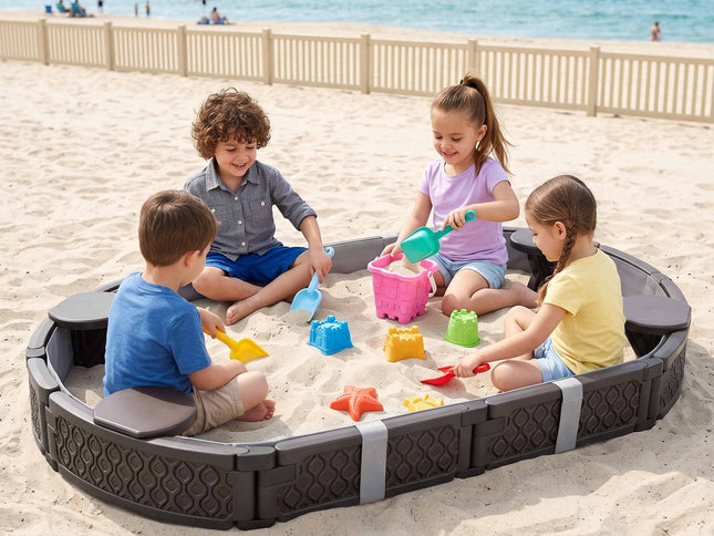 Keezi Kids Sandpit Toys Outdoor Sandbox Oval Sand Pit 4 Seats Grey Cover