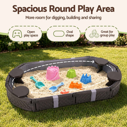 Keezi Kids Sandpit Toys Outdoor Sandbox Oval Sand Pit 4 Seats Grey Cover