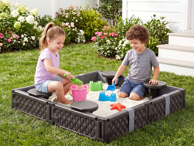 Keezi Kids Sandpit Sandbox With Cover 4 Seats Outdoor Sand Box Brown