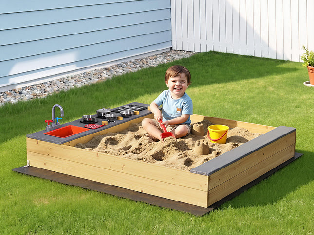 Keezi Wooden Sandpit Sand Pit Outdoor Kids Toy Box Mud Kitchen Sink Storage Bench