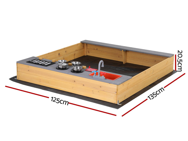 Keezi Wooden Sandpit Sand Pit Outdoor Kids Toy Box Mud Kitchen Sink Storage Bench