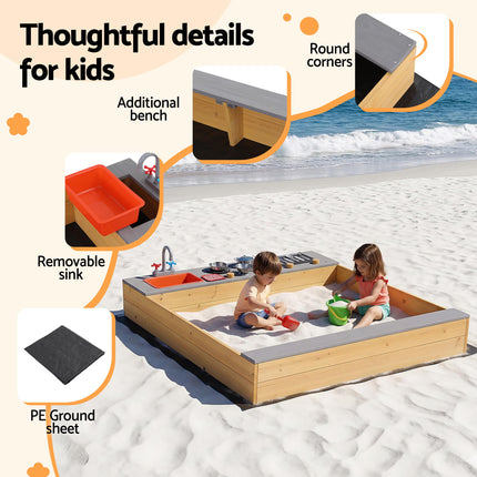 Keezi Wooden Sandpit Sand Pit Outdoor Kids Toy Box Mud Kitchen Sink Storage Bench