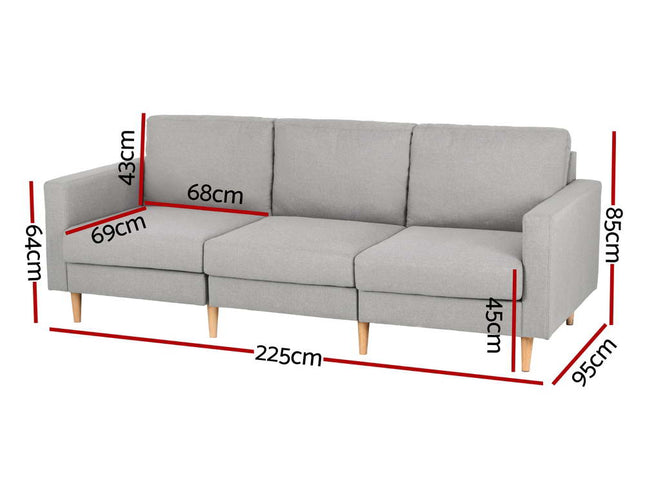 Artiss 3 Seater Sofa 225cm Linen Fabric Grey