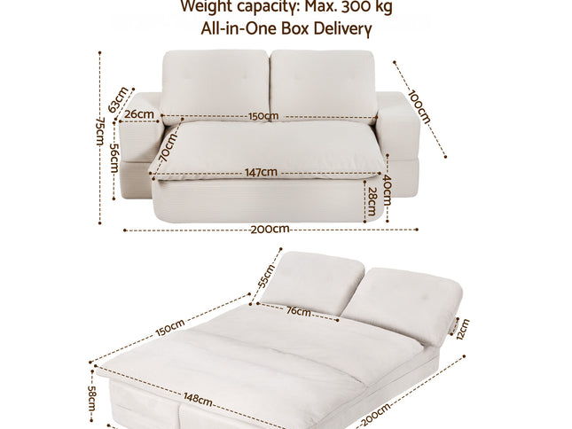 Artiss Convertible Folding Sofa Bed 30D High-Density Foam Boneless Couch with Corduroy Sleeper Couch Lounger for Living Room Beign