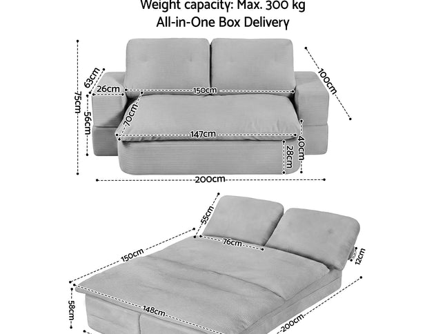 Artiss Convertible Folding Sofa Bed 30D High-Density Foam Boneless Couch with Corduroy Sleeper Couch Lounger for Living Room Grey
