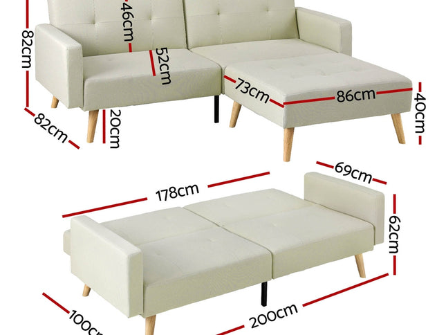 Artiss Sofa Bed Lounge Convertible Ottoman Couch Recliner 3 Seater Fabric Beige